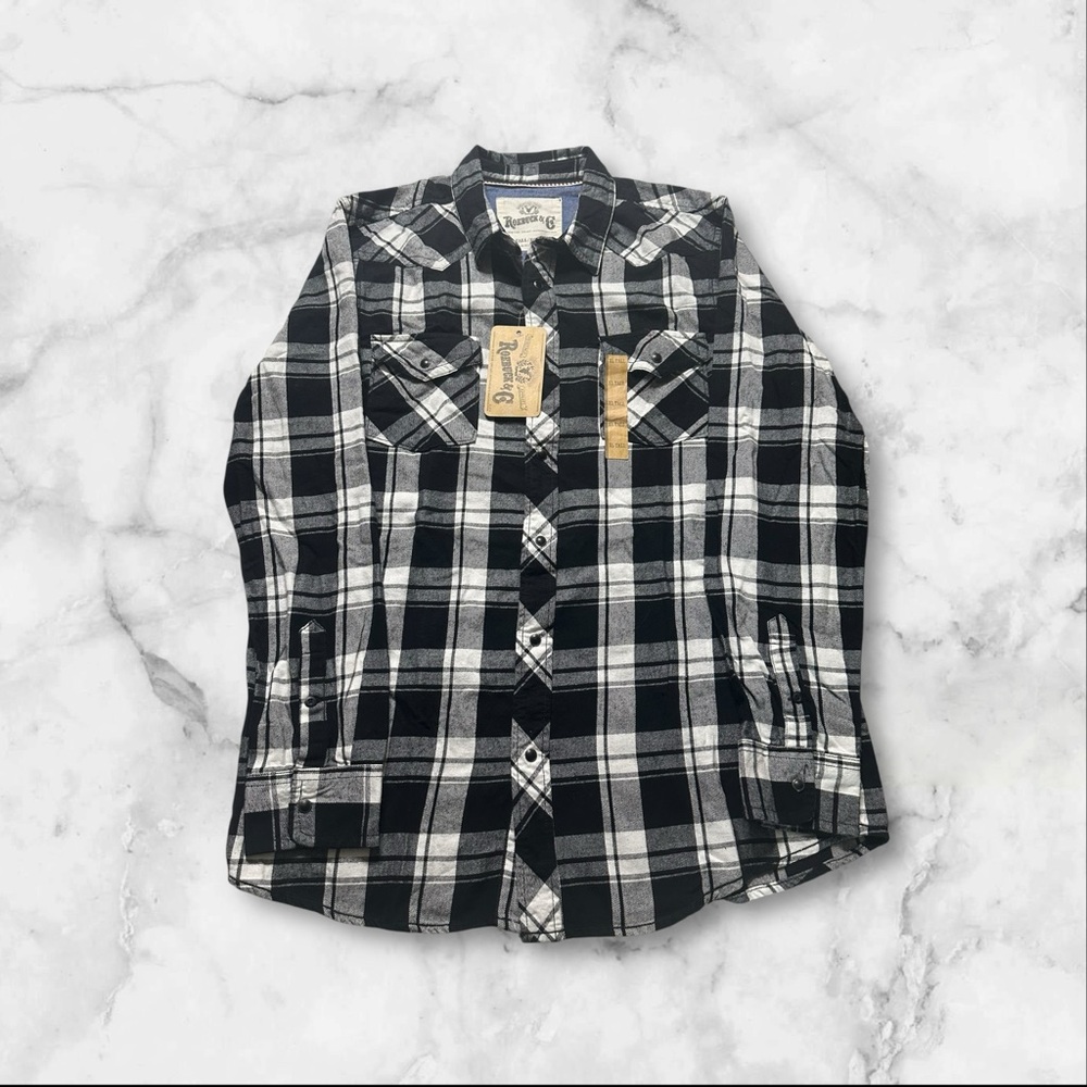 Roebuck & Co Shirt Men’s XLT Black White Plaid Pearl Snap Flannel NEW